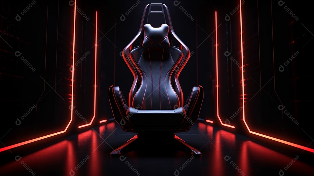 Um modelo de uma cadeira de jogos vermelha isolada em fundo neon abstrato