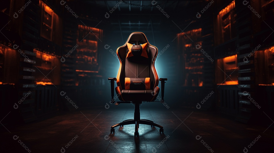 Um modelo de uma cadeira de jogos vermelha isolada em fundo neon abstrato