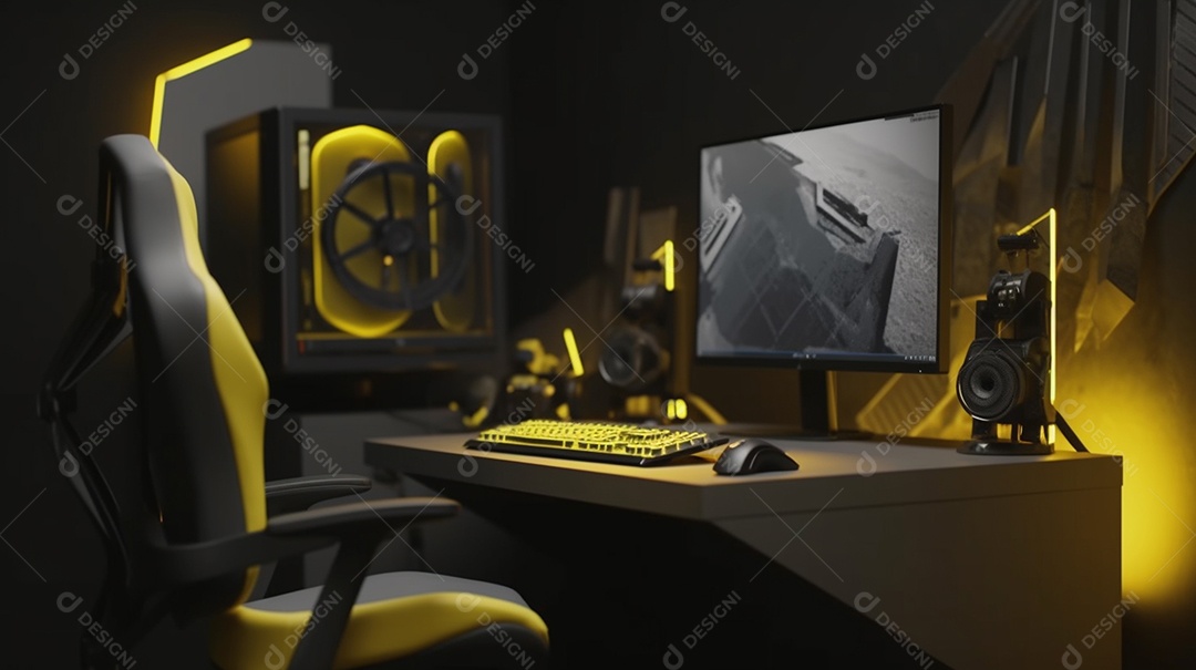 sala de jogos com esquema de cores amarelo-cinza, cadeira de jogos