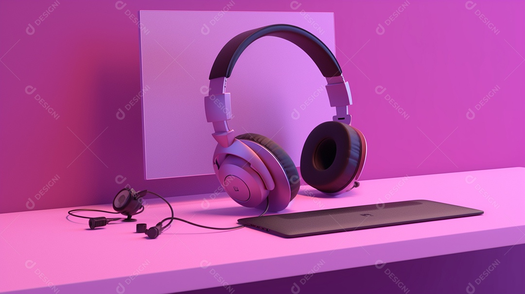 renderização 3D de fones de ouvido roxos em um fundo rosa. Conceito de música