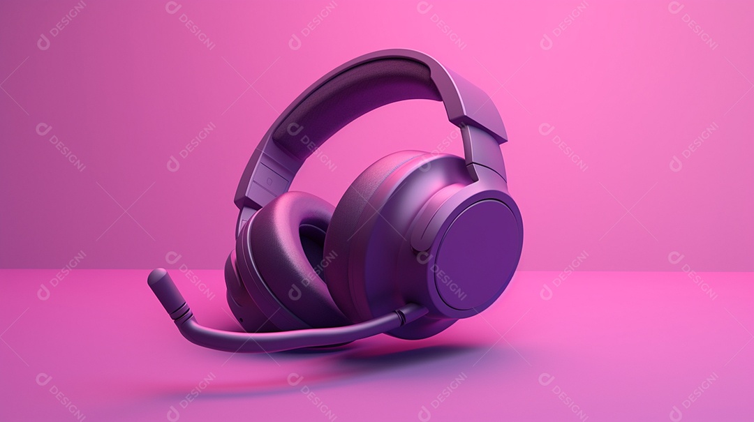 renderização 3D de um fone de ouvido roxo em um fundo rosa