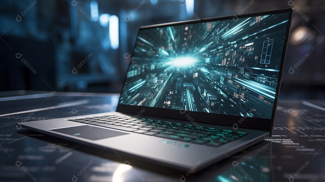 Close-up do laptop com linhas de tecnologia abstratas na renderização 3D da tela
