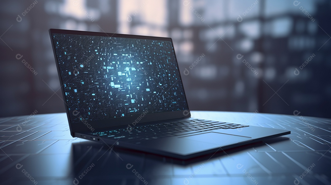 Close-up do laptop com linhas de tecnologia abstratas na renderização 3D da tela