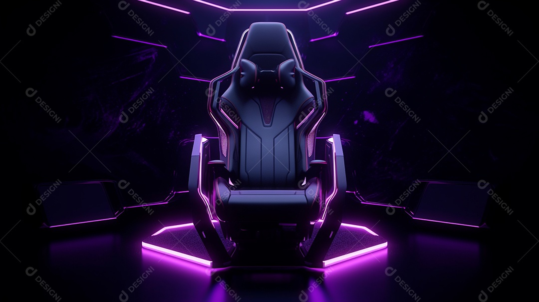 Um modelo de uma cadeira de jogos roxa isolada em fundo escuro neon abstrato