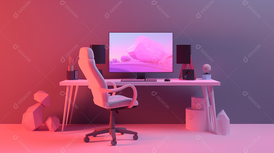 Ilustração 3d moderna da sala de jogos com todos os acessórios, cadeira de jogos