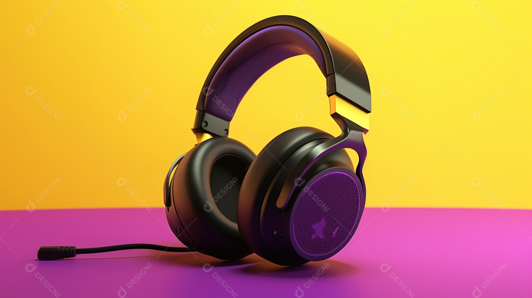 renderização 3D de um fone de ouvido preto sobre fundo amarelo e roxo.