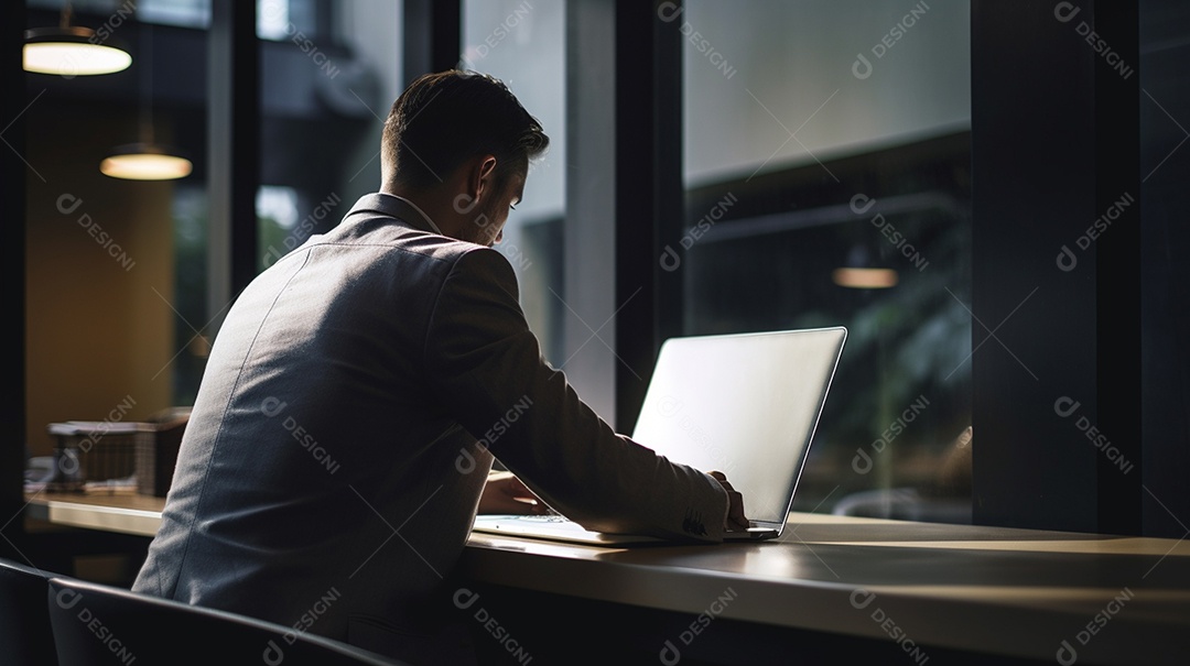 Um jovem trabalhando em um laptop no escritório