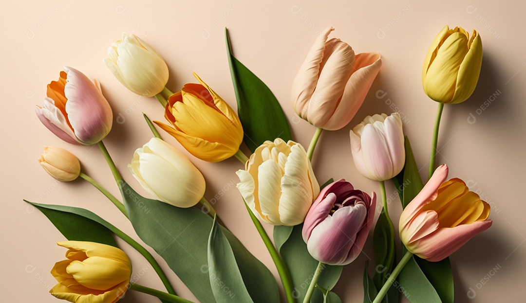 Tulipas coloridas em fundo pastel suave, 3d renderizado