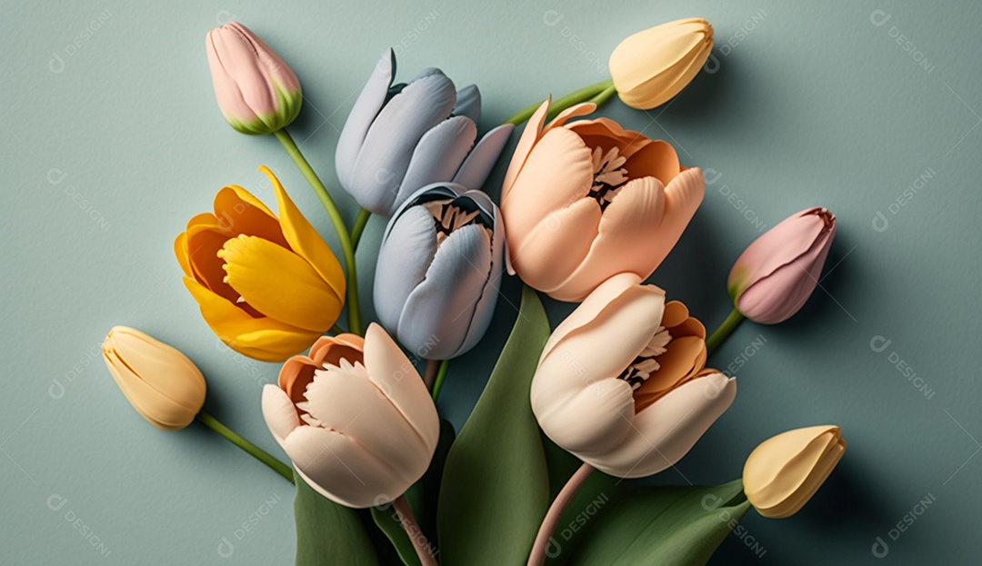 Tulipas coloridas em fundo pastel suave