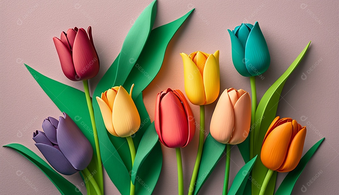 Tulipas coloridas em fundo pastel suave