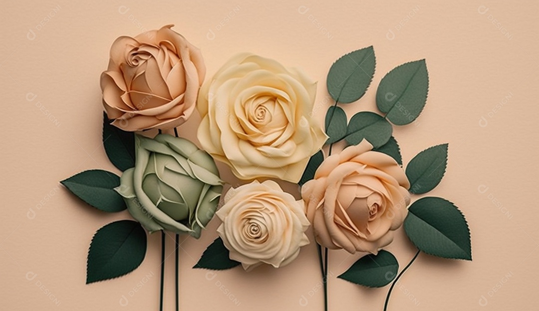 Lindas rosas de cores suaves em fundo pastel suave