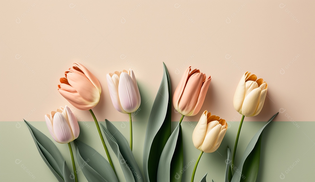 Tulipas coloridas em fundo pastel suave