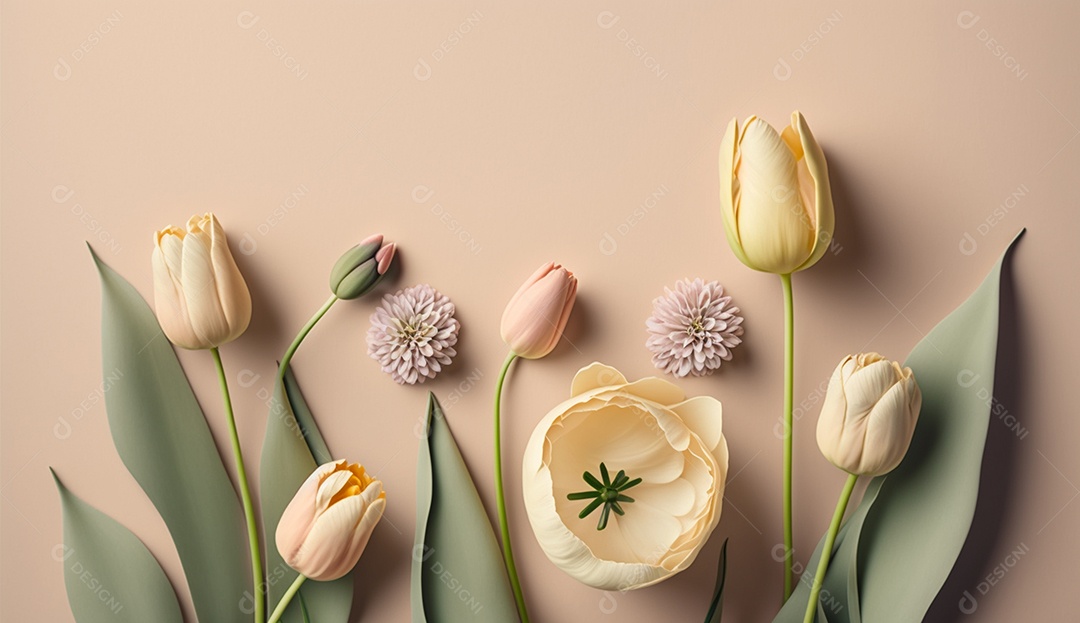 Tulipas coloridas em fundo pastel suave