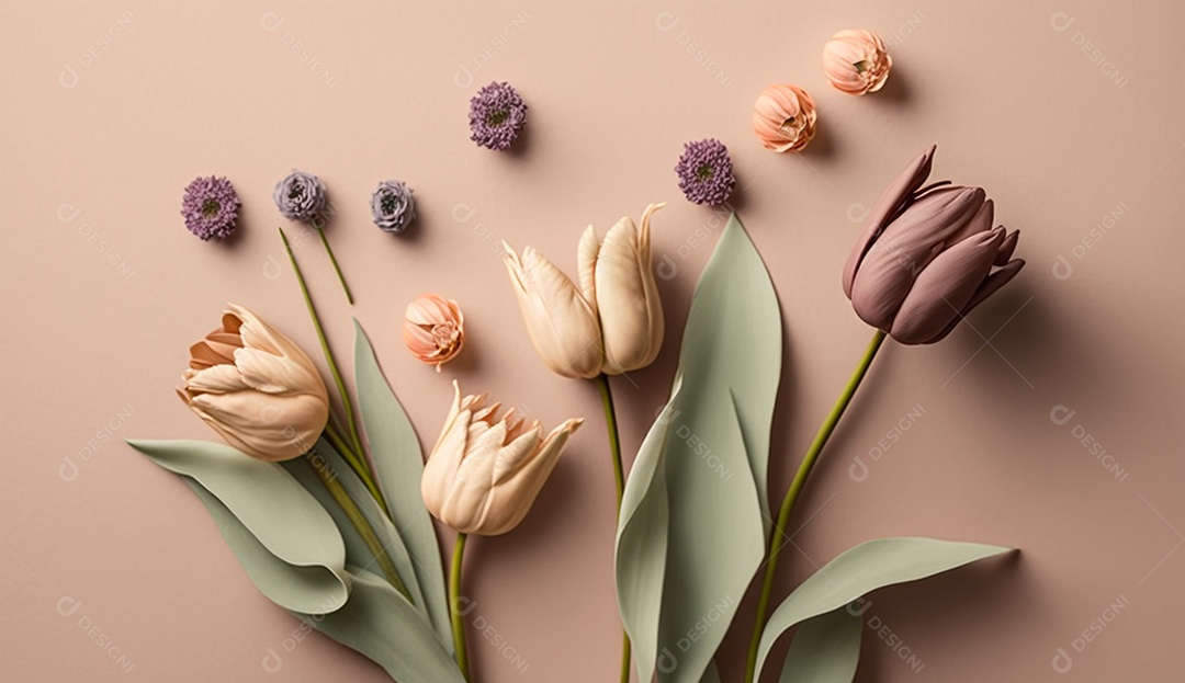 Tulipas coloridas em fundo pastel suave