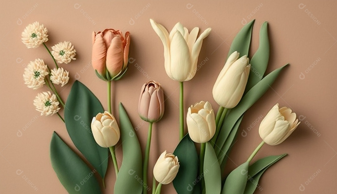 Tulipas coloridas em fundo pastel suave