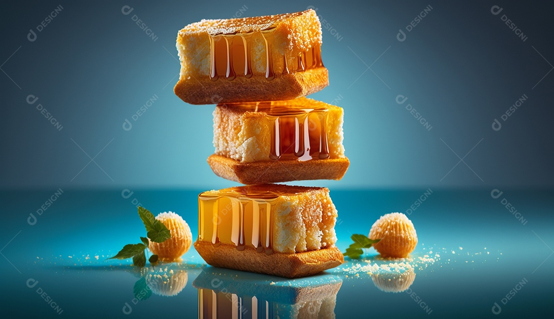 Pilha de panquecas com caramelo sobre fundo azul.