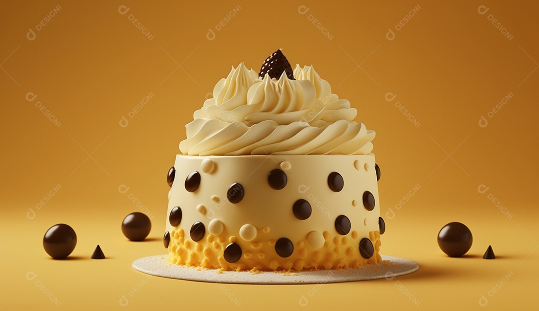 Bolo de creme com creme de chocolate em fundo amarelo.
