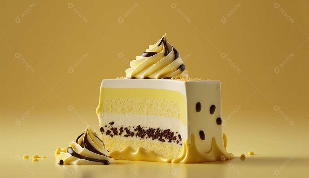 Bolo de creme com creme de chocolate em fundo amarelo.