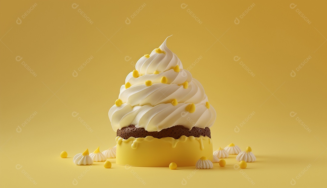 Bolo de creme com creme de chocolate em fundo amarelo.