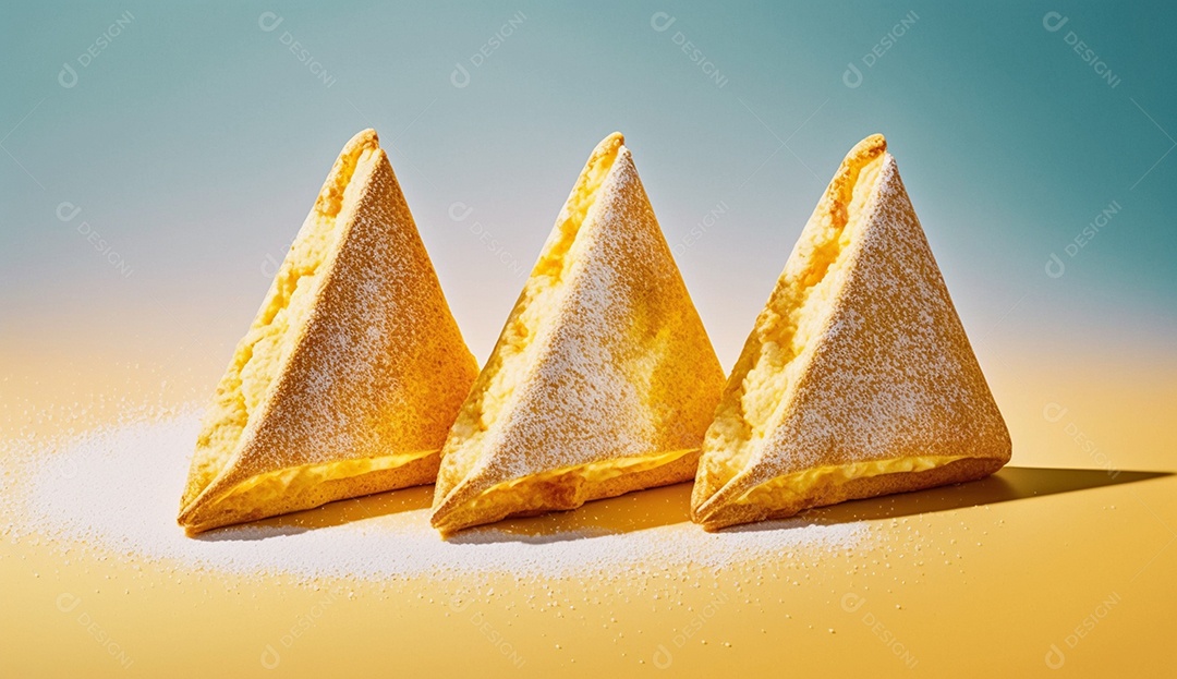 Três crepes com leite condensado em um fundo amarelo.