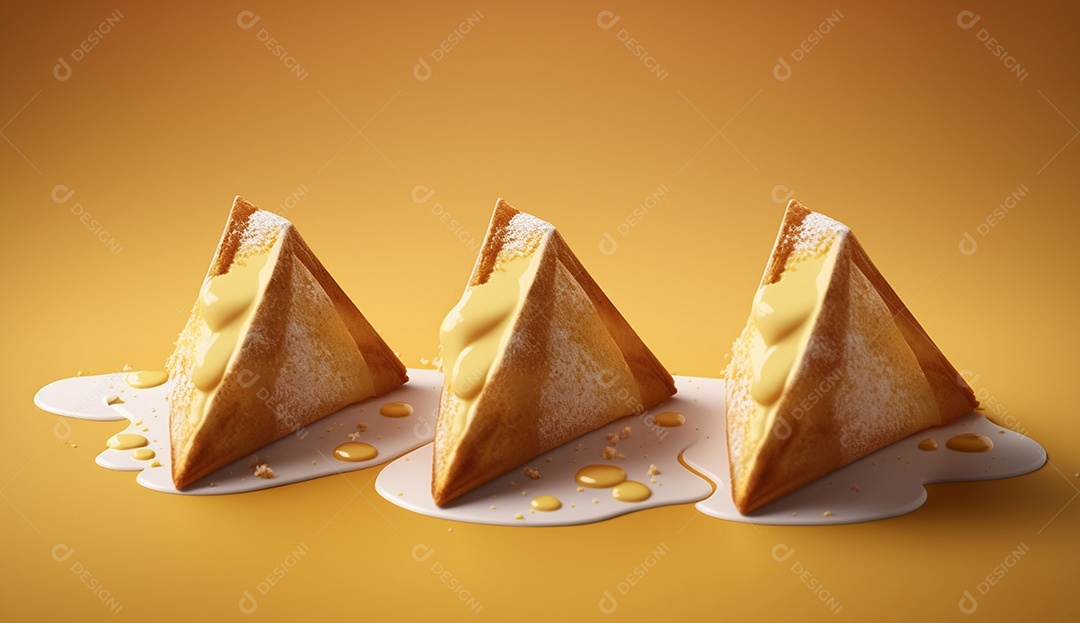 Três crepes com leite condensado em um fundo amarelo.