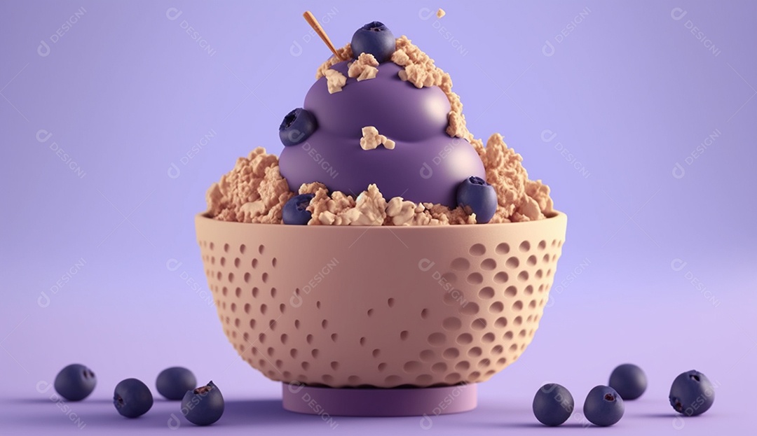 Sorvete de mirtilo em uma tigela com biscoitos.