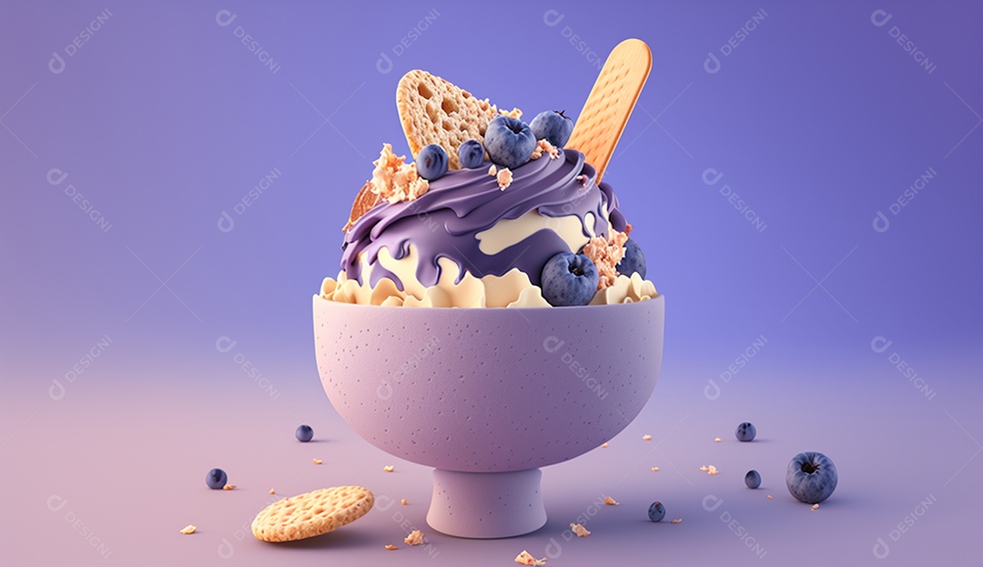 Sorvete de mirtilo em uma tigela com biscoitos.