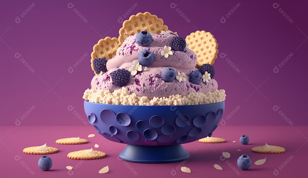 Sorvete de mirtilo em uma tigela com biscoitos.