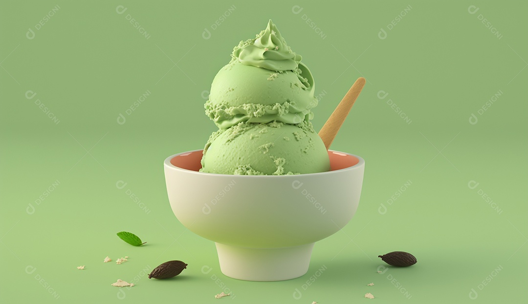 Sorvete verde em uma tigela com uma colher