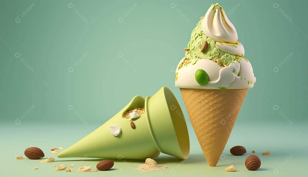 renderização 3D de casquinha de sorvete com pistache e nozes