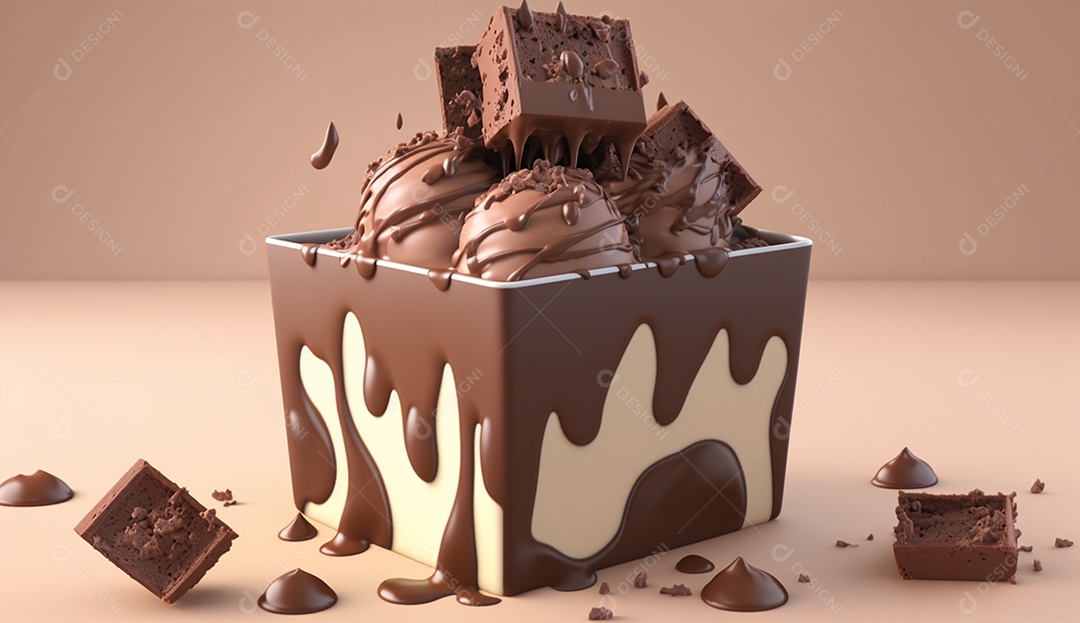 Renderização 3D de sorvete com chocolate e nozes em um fundo pastel