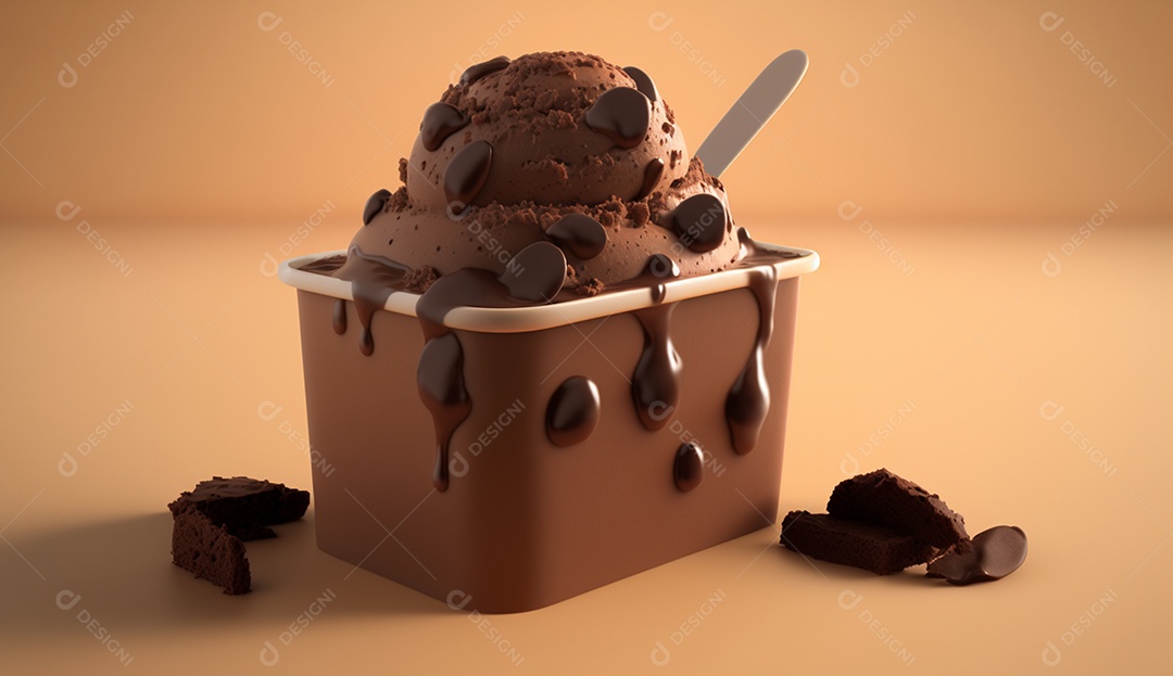 Renderização 3D de sorvete com chocolate e nozes em um fundo pastel