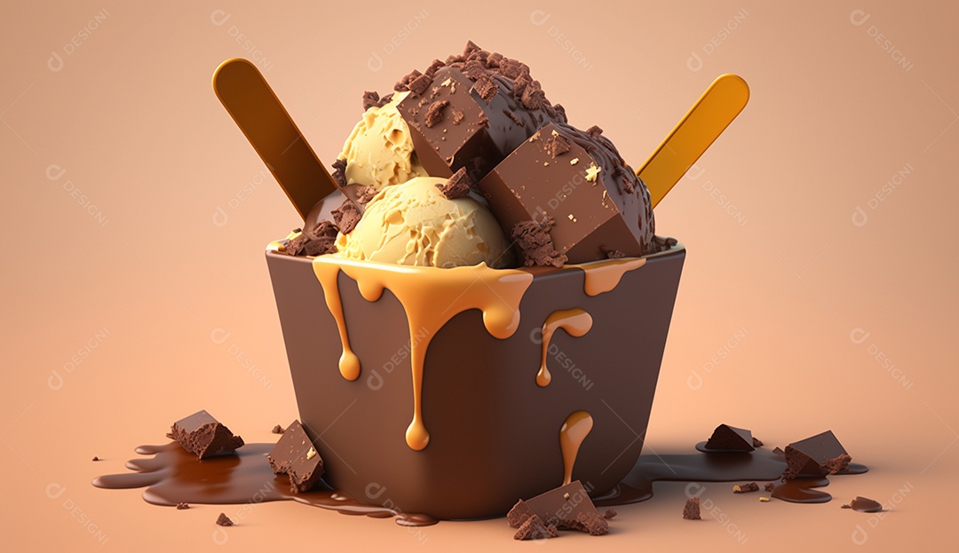 Renderização 3D de sorvete com chocolate e nozes em um fundo pastel