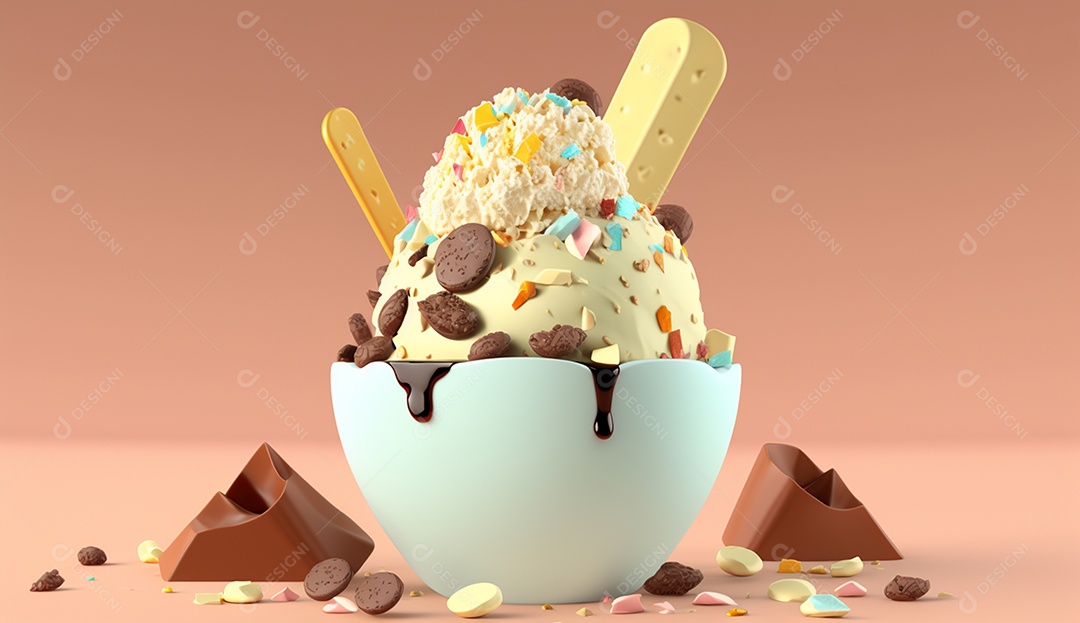 Renderização 3D de sorvete com chocolate e nozes em um fundo pastel