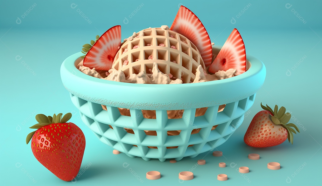 Sorvete com morangos em uma tigela azul.