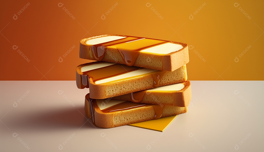 Pilha de panquecas com caramelo em fundo marrom suave.