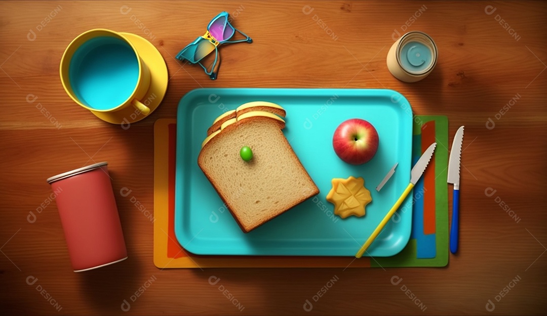 Almoço escolar saudável com sanduíche e frutas na mesa de madeira