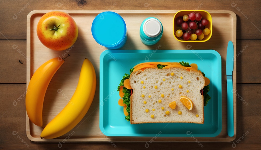 Almoço escolar saudável com sanduíche e frutas na mesa de madeira