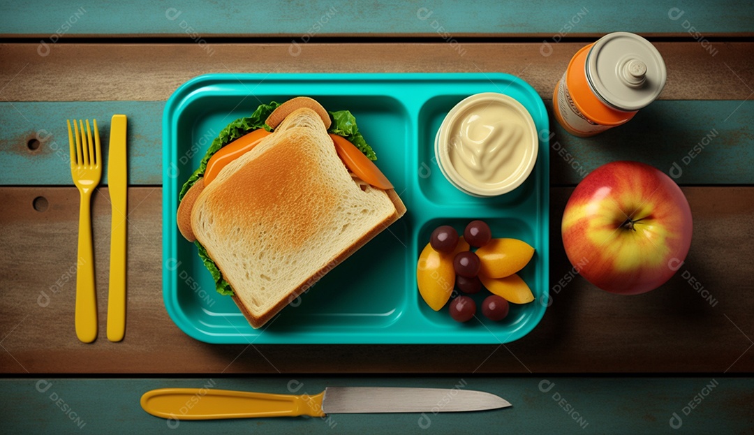 Almoço escolar saudável com sanduíche e frutas na mesa de madeira