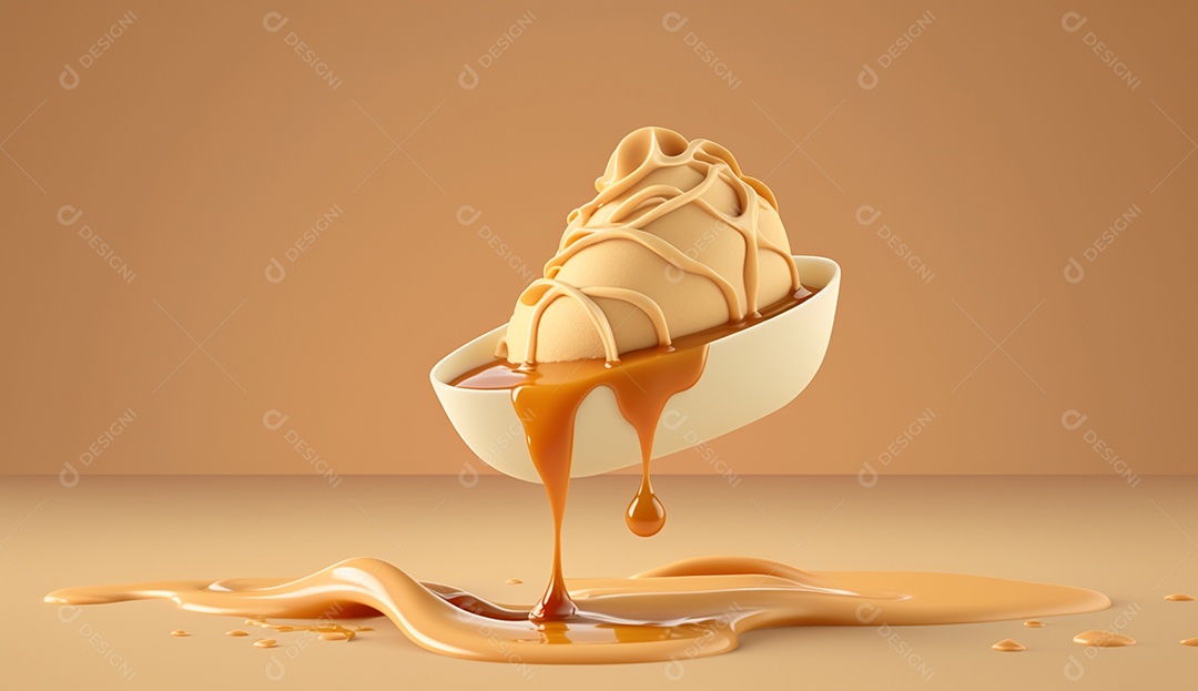 Ilustração 3D de sorvete com calda de caramelo em um fundo marrom