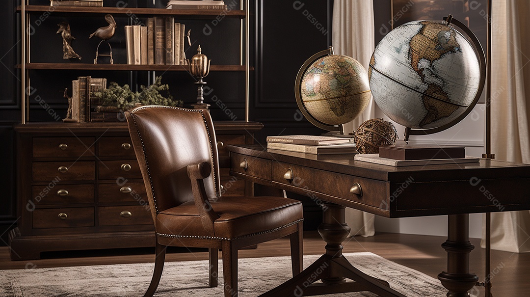 Interior elegante e moderno da sala de escritório com mobiliário confortável e globo mundial