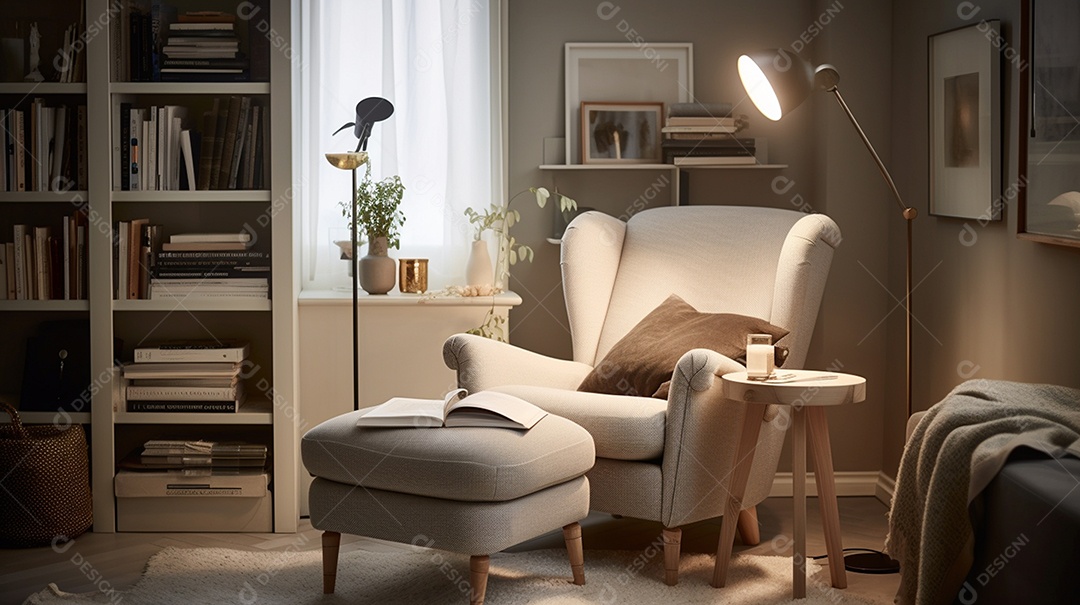 Interior elegante e moderno da sala de estar com mobiliário confortável