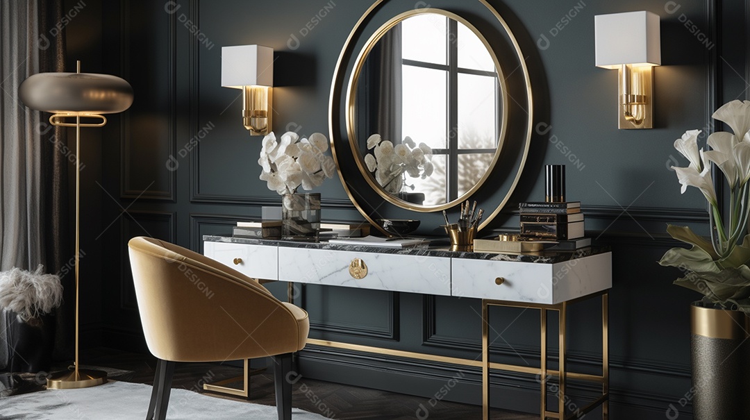 Design de interiores de sala de estar escandinavo moderno com móveis e acessórios