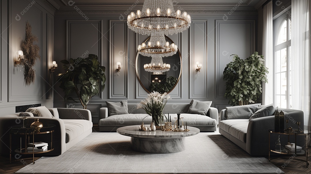 Interior elegante e moderno da sala de estar com mobiliário confortável