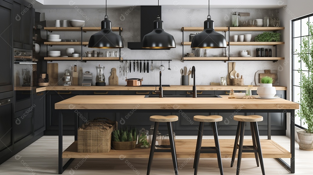 Interior da cozinha moderna com bancada de madeira e armário preto