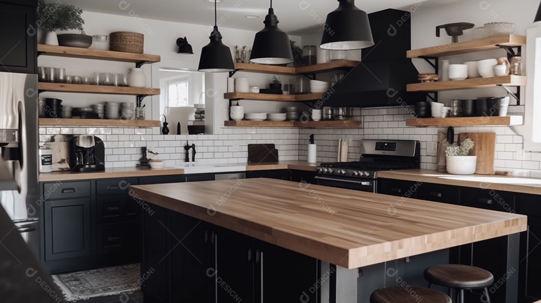 Interior da cozinha moderna com bancada de madeira e armário preto