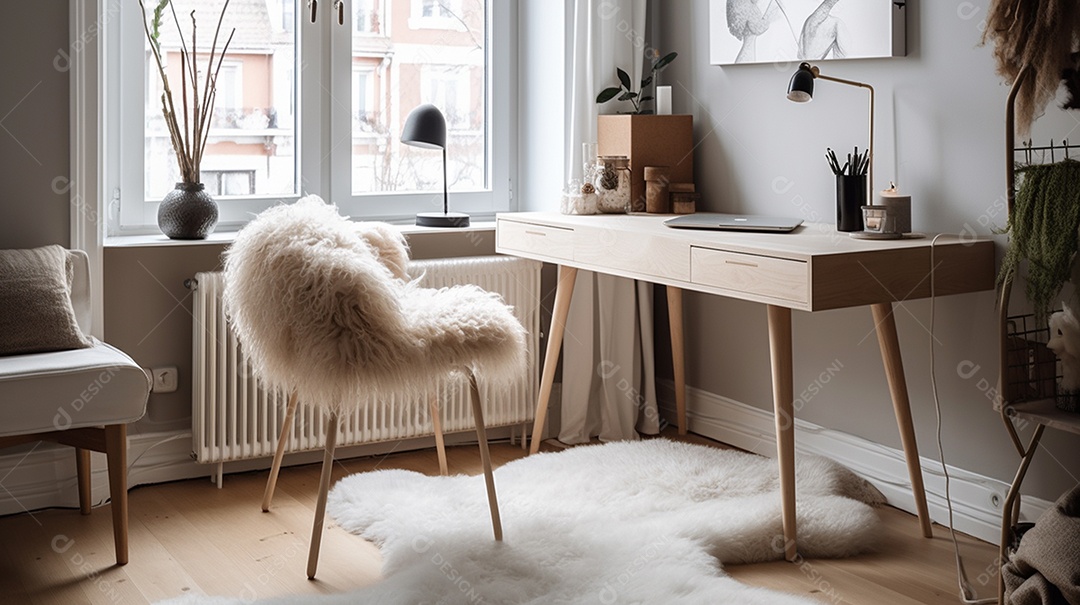 Interior elegante e moderno da sala de estar com mobiliário confortável