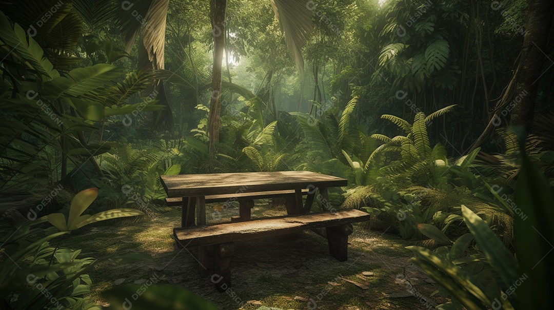 Uma mesa de madeira vazia para vitrine de produtos colocada em uma floresta tropical