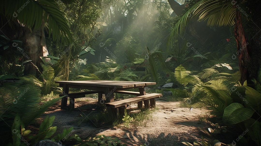 Uma mesa de madeira vazia para vitrine de produtos colocada em uma floresta tropical