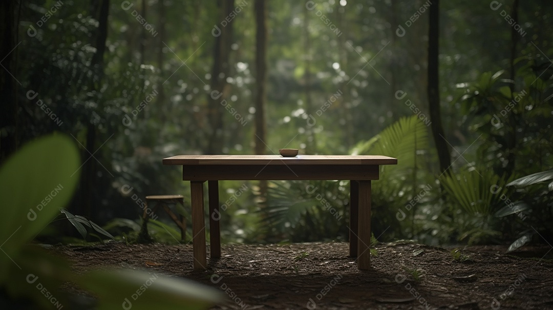 Uma mesa de madeira vazia para vitrine de produtos colocada em uma floresta tropical